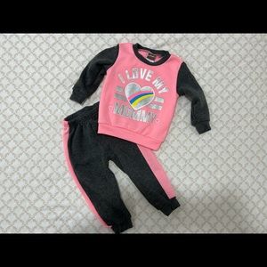 Pink and grey jogger set.